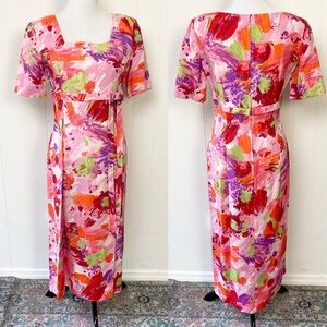Vintage 60s 70s Pink Floral Empire Waist Maxi Dress Hostess 19.5” PTP, 15.5” W